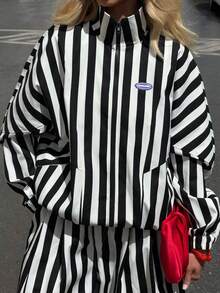 New Fashion Elegant Striped Colorblock Daily Vacation College Style Women's INS Jacket - Black and White - View 1