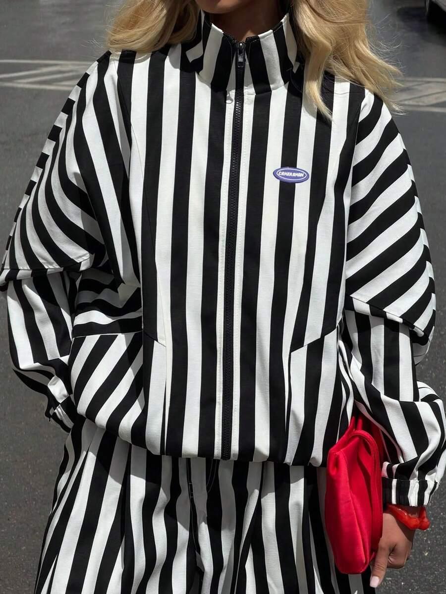 New Fashion Elegant Striped Colorblock Daily Vacation College Style Women's INS Jacket - Black and White - View 1