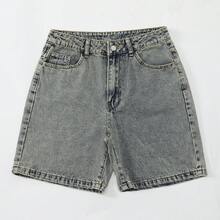 女款純色百慕達牛仔短褲，休閒夏季，隨性風格 - 懷舊 - 查看 4