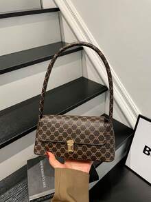 柔軟面料PU皮革金屬鎖飾貝殼造型復古風法棍包 女款單肩包 新款女包 小包 手提包 - 棕色 - 查看 1