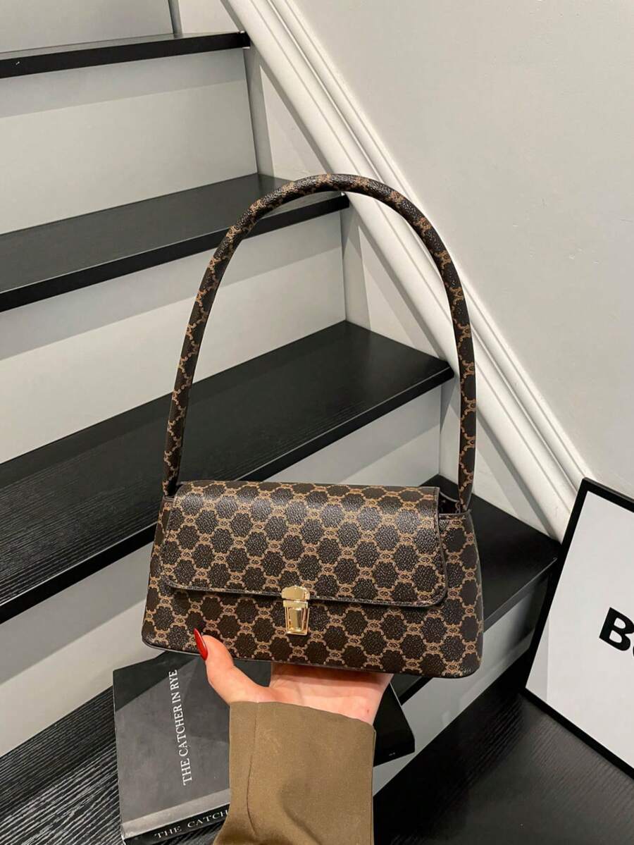 柔軟面料PU皮革金屬鎖飾貝殼造型復古風法棍包 女款單肩包 新款女包 小包 手提包 - 棕色 - 查看 1