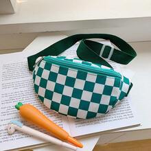 Green And White Checkerboard Casual Waist Bag, Checkerboard Nylon Small Chest Bag, Adjustable Wide Strap Versatile Crossbody Bag - A - View 8