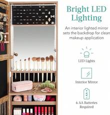Gabinete de joyería con espejo LED, organizador alto con cerradura, montaje en pared o puerta, con espejo, 2 cajones, cerradura, bandeja para cosméticos, estantes - Roble - Marrón - Ver 3
