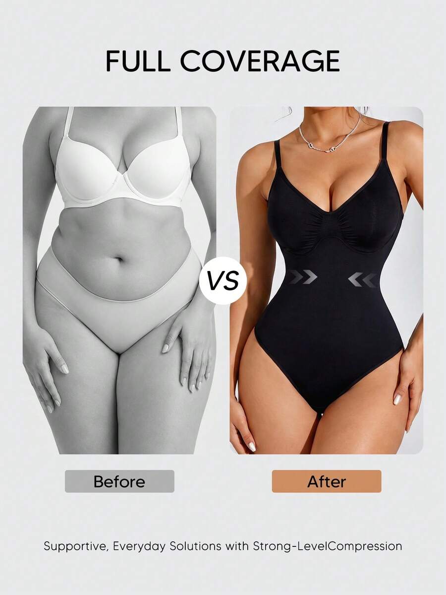 Suprenx Black Tummy Control Shapewear Bodysuit, Seamless V-Neck Adjustable Strap Slimming Shaper, Bodycon Sleepwear Lingerie - Black - View 1