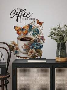 1pc Vintage Floral Butterfly Coffee Cup "IT'S COFFEE O'CLOCK" Wall Decor Sticker, Cozy Coffee Corner Atmosphere For Living Room And Dining Room - 1PC - View 4