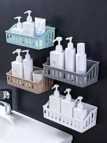1pc No-Drill No Damage Bathroom Storage Rack Plastic Wall-Mounted Shelf Kitchen Organizer Basket Multi-Function Toiletries Holder - A - View 9