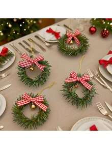 4pcs/1pc Mini Christmas Wreath - Creative Decorative Wreath With Bells And Bows, Suitable For Christmas Tree, DIY Holiday Crafts, Miniature Christmas Scene Hanging Decor And Holiday Gift Decoration Small Wreath - Multicolor - View 4
