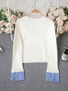 Women's Ribbed Knit Sweater Round Neck Long Sleeve Top With Cross Tie Hollow Design Plaid 2 In 1 Cuffed Sleeves Slim Fit Base Layer Sweet Pure Desire Young Lady Spicy Girl Style Autumn Daily Commute Date Inner Wear - White - View 8