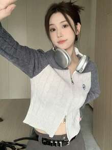 Cardigan Lengan Panjang Wanita Motif Blok Warna dengan Resleting, Kasual, Serbaguna, untuk Perjalanan Sehari-hari, Musim Gugur - Light Grey - View 4