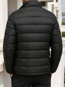 Men's Lightweight Stand Collar Down Jacket, Black Portable Packable Lightweight Down Coat, Minimalist Warm Short Jacket For Daily Commute - Black - View 2