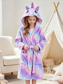 Tween Girl Ombre Unicorn Embroidered Pocket Front 3D Patched Hooded Belted Flannel Lounge Robe - Multicolor - View 4