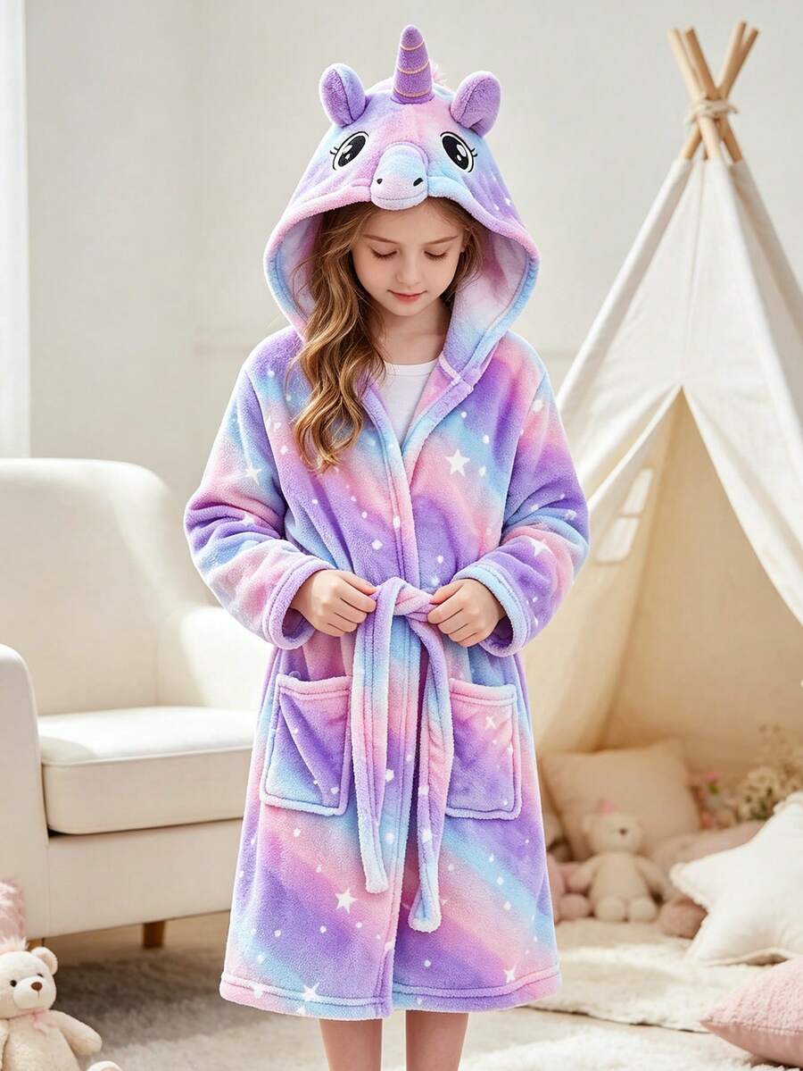 Tween Girl Ombre Unicorn Embroidered Pocket Front 3D Patched Hooded Belted Flannel Lounge Robe - Multicolor - View 1