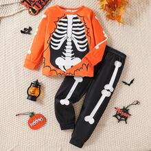 Halloween Girls Cartoon Skeleton Funny Pullover & Pants 2pcs Set, European & American Fashion Kids Outfit - Multicolor - View 6