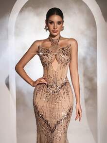 New Women's Halter Neck Sequin Embellished Bodycon Evening Gown - Apricot - View 6