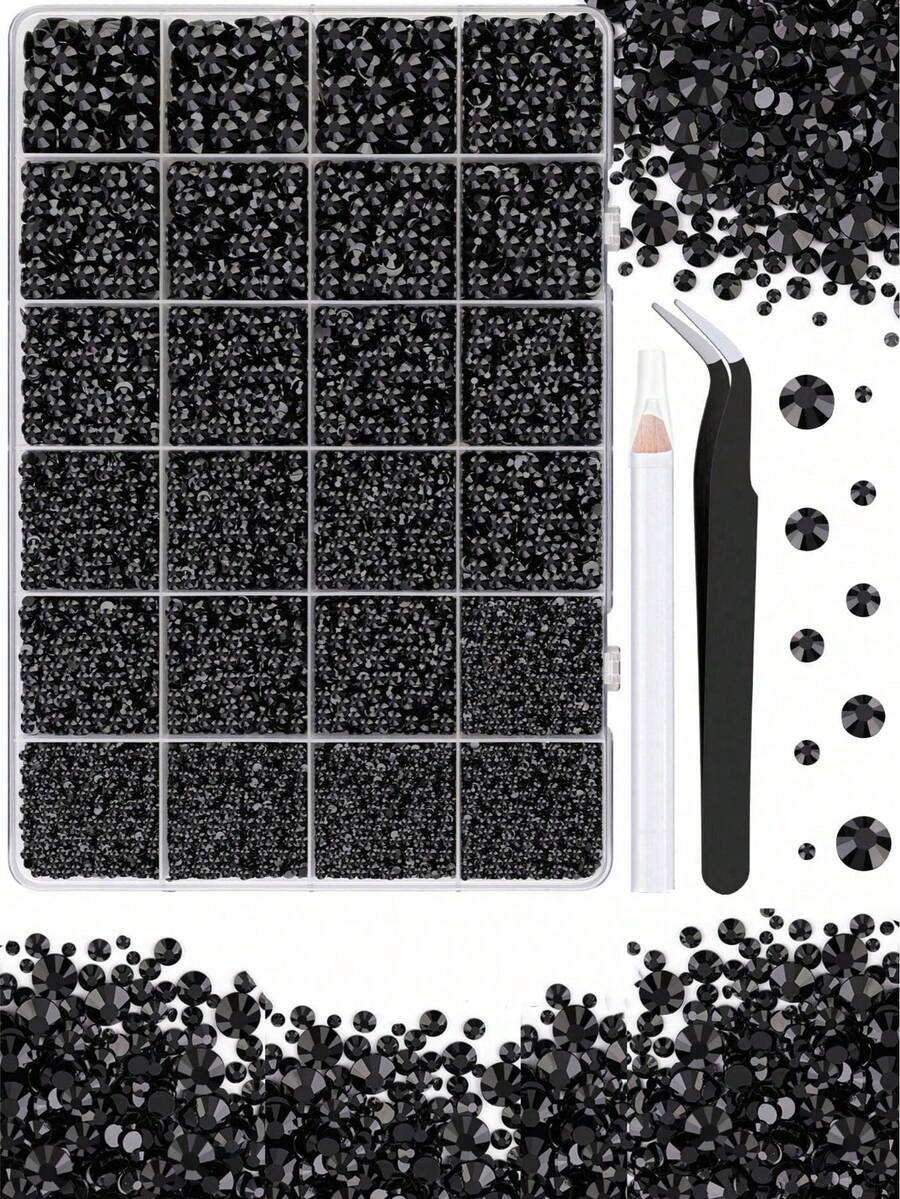 1 Box Black Resin Rhinestone Set, Multi-Size Black Rhinestones With Pickup Pen And Tweezers, Suitable For DIY Nail Art, Halloween And Party Decoration