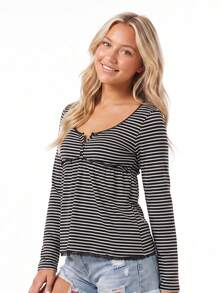 Women's Striped Babydoll Tops Long Sleeve Scoop Neck Fall Shirts - Black - View 4