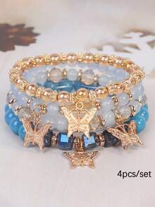 4pcs/Set Bohemian Style Multi-Layer Time Gem Butterfly Pendant Asymmetrical Beaded Bracelet Set, Suitable For Daily Wear, Gift - Time Gem Butterfly Bracelet - View 14
