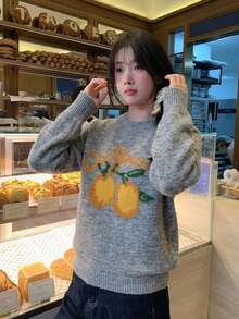 Korean Style Orange Embroidery Print Pullover Sweater Women Autumn Winter Loose Fit Versatile Slimming Letter Knit Top Outerwear - Grey - View 4