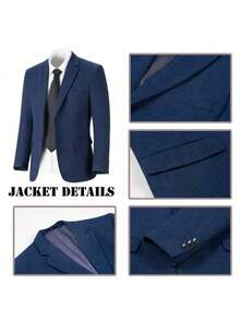 Boys' Navy Blue Herringbone Suit Jacket, Notch Lapel Single-Breasted Formal Blazer, Suitable For Weddings, Birthdays, Parties, Photo Shoots, 6-16 Years Old - Navy Blue - View 8