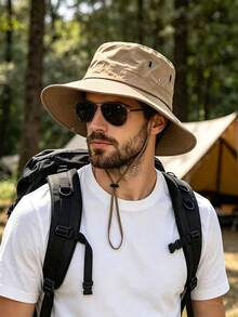 1pc Men's Outdoor Sun Hat, Wide Brim UV Protection Breathable Ranch Hat With Chin Strap, Suitable For Hiking, Camping, Fishing Ski Masks - Multicolor - View 2