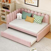 L-Shaped Upholstered Bed, 140x200 Cm Sofa Bed With Floral Backrest And Pull-Out Bed In Beige Velvet Fabric - Pink - View 6