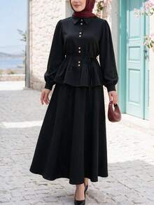 Women's Conservative 2 Pieces Set, Lapel Puff Sleeve Ruffle Top With Long Flared Skirt, Front Button Placket Waist Tie Casual Daily Outfit - Black - View 3