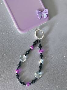 1pc Y2K Star & Flower Beaded Keychain Wrist Lanyard, Iridescent Purple Black Crystal Bead Key Ring, Portable Wrist Strap For Keys Phone Bag Purse, Gift For Teen Girls Daily Matching - Black Star - View 2