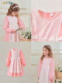 Vihyde Young Girls Hollow Embroidery Apron Lace Trim Bow Round Neck Long Sleeve 2 In 1 Dress - Baby Pink - View 1