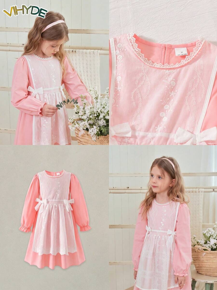Vihyde Young Girls Hollow Embroidery Apron Lace Trim Bow Round Neck Long Sleeve 2 In 1 Dress - Baby Pink - View 1