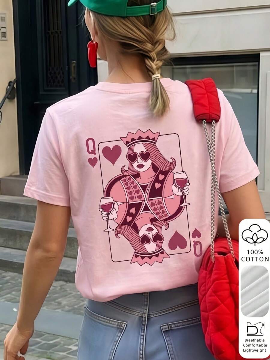 1件 100%純棉女款夏季寬鬆休閒圓領短袖T恤上衣 INS風,附「Queen Of Hearts」紅酒主題印花圖案,適合辦公室、外出、日常、約會、派對、聚會、街頭穿搭 - 粉色 - 查看 1