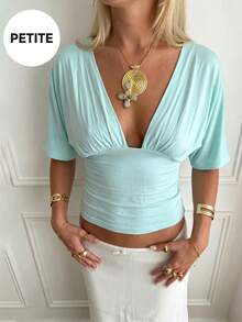 Soulscape Women's Elegant Vacation Casual Deep V-Neck Top For Petite Summer - Light Blue - View 5