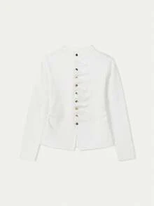Gold Heart Button Knit Cardigan, Fitted Crew Neck, Long Sleeves, Soft Stretch Fabric, White Elegant Layering Top For Fall Winter Office And Vacation - White - View 2