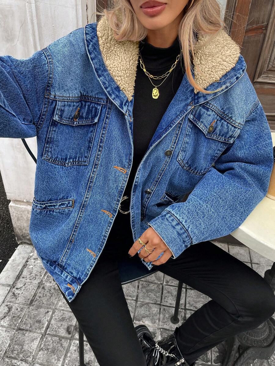 HAPPY GIRL#Autumn/Winter Versatile Fashionable College Style Daily Commute Women's Casual Comfortable Fleece Lining Warm Denim Long Sleeve Jacket - Blue - View 1