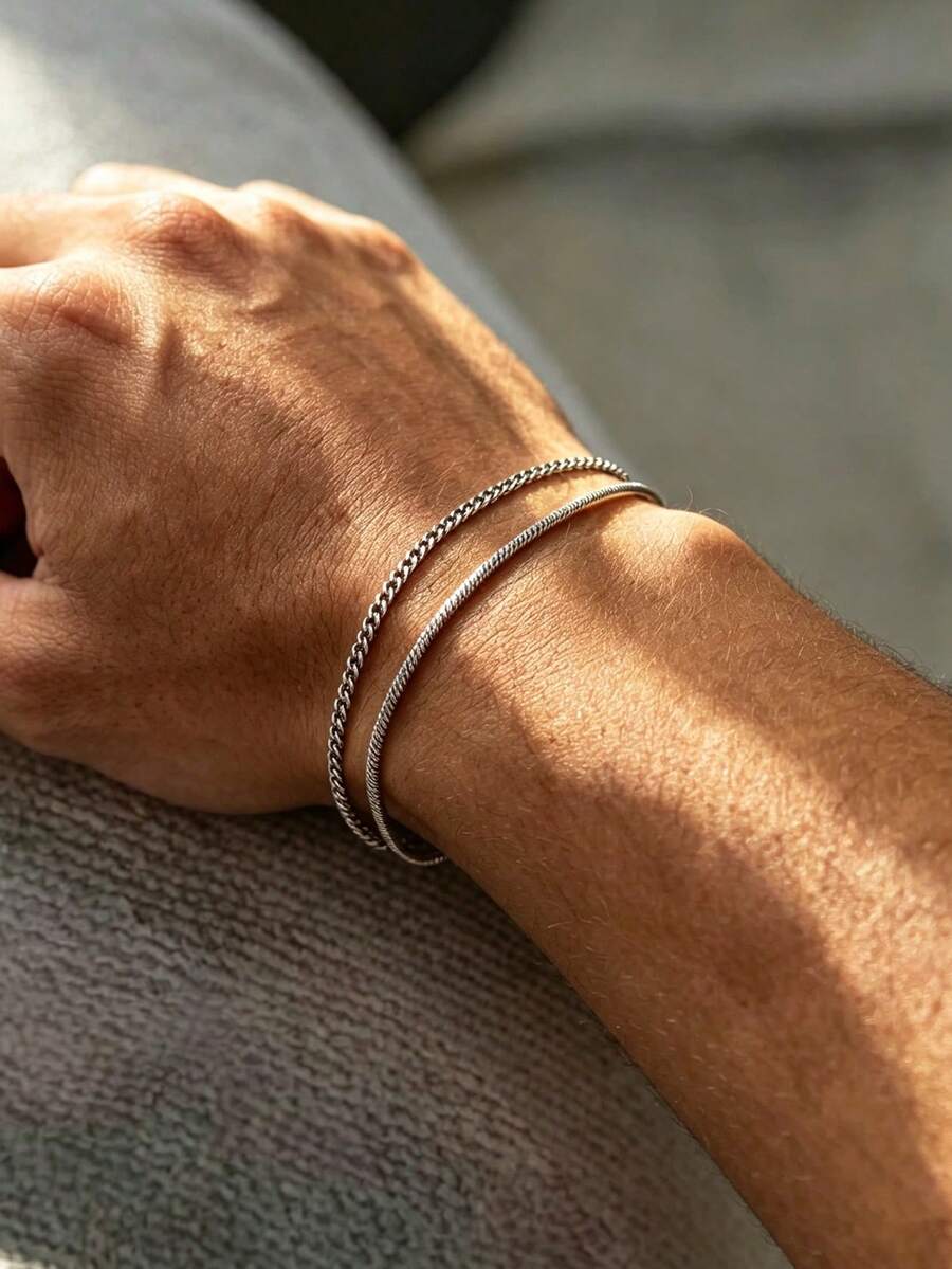 2pcs/Set Stainless Steel Silver Minimalist Men's Bracelet, Sports Multi-Functional - 2pcs - View 1