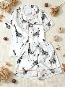 Women's 2pcs Pajama Set, Stylish Giraffe Animal Print, Silky Homewear & Outerwear, Short Sleeve Button Lapel Top & Shorts For Spring Summer - White - View 11
