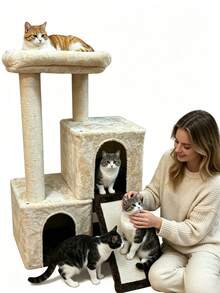 Large Cat Tree, Dual Cat Houses With Top Resting Platform, Sisal Scratching Posts And Climbing Ramp, Large‑Size Cat Tree For Playing And Resting, Suitable For Indoor Cats To Relax And Scratch Claws - Multicolor - View 2