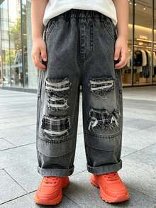 Boys' Loose Distressed Straight Leg Denim Jeans, Autumn Casual Long Pants For Daily, School, Outdoor Wear - Dark Grey - View 5