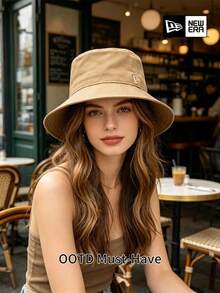 New Era Khaki Unisex Bucket Hat, Minimalist Small Logo Design, Casual Travel Sun Protection Hat - Khaki - View 3