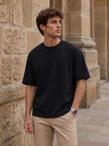 Men's Crew Neck Short Sleeve T-Shirt, Chest Patchwork Detail Loose Fit, Suitable For Casual Daily Wear - Black - View 3