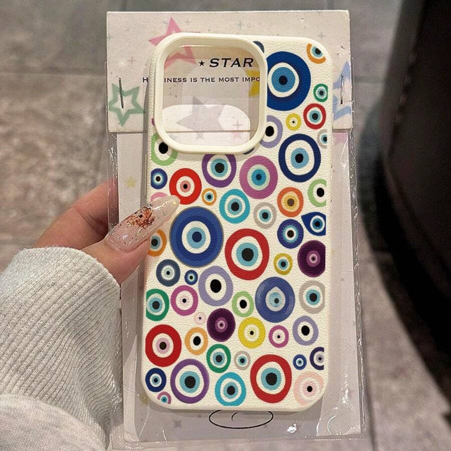 1pc TPU Material Colorful Evil Eye Contrast Pattern Phone Case Compatible With IPhone 17 Pro Max/17/16 Pro Max/15/13/12/11/ S20 FE/A15/S24/A55/ Note 11/Note 12/Note 13 Pro Full Coverage Anti-Drop Soft Shell Protective Cover - White - View 1