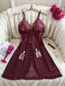 Women's Deep V Lace Halter Neck Mesh Sheer Sexy Nightgown, For Home Use, Suitable For Newlyweds, Valentine's Day Style - Redwood - View 1