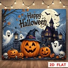 2D Halloween Theme Party Banner Background, Featuring Pumpkin Lantern, Ghost, Haunted House, Bat, Full Moon Elements, Suitable For Home Gathering, Outdoor Party, Studio Decoration, Holiday Gift, Fits Holiday Style - 1 - View 1