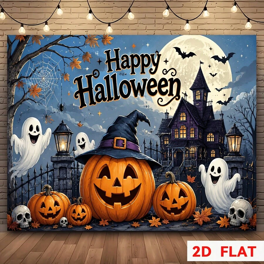 2D Halloween Theme Party Banner Background, Featuring Pumpkin Lantern, Ghost, Haunted House, Bat, Full Moon Elements, Suitable For Home Gathering, Outdoor Party, Studio Decoration, Holiday Gift, Fits Holiday Style - 1 - View 1