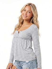Women's Striped Babydoll Tops Long Sleeve Scoop Neck Fall Shirts - Grey - View 4