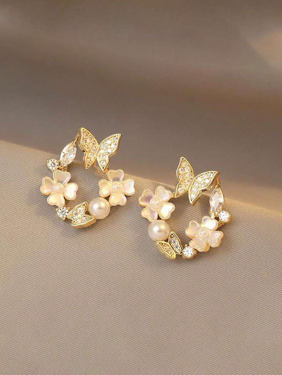 1 Pasang Anting Tusuk Minimalis Elegan Berkilau Berlian Imitasi Mutiara Bunga Kecil Gaya Baru Peri Kupu-kupu Indah Gaya Keren untuk Anak Perempuan Perhiasan Fashion - MultiWarna - View 1