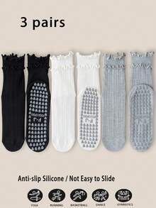 1/3/5/6 Pairs Women's Non-Slip Pilates Socks, Elegant Double-Layer Ruffle Design, Unique Custom Silicone Grip Sole, Suitable For Pilates, Yoga, Gym, Aerobics, Dance, Gift-Giving, All-Season - Multicolor - View 21