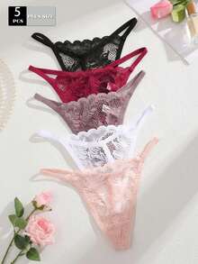 Rosiemei 5pcs/Plus Size Women's Sexy Lace Thongs T-String Design Low Rise Underwear - Multicolor - View 7