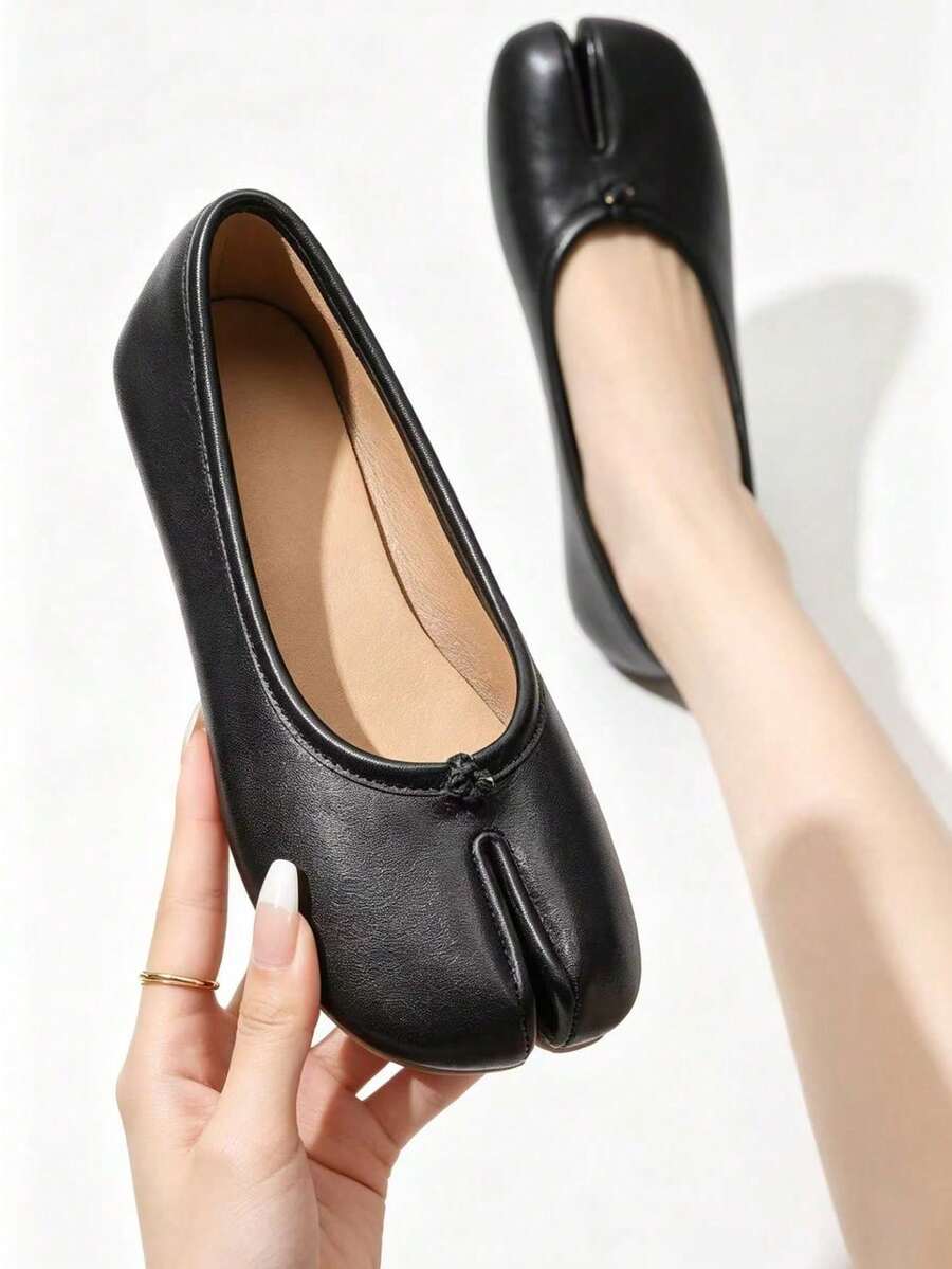 Women's Black Round Toe Split-Toe Flat Slippers - Pig Hoof Shoes, Casual Style Suitable For Office, Outdoor Wear, Spring And Summer - Black Knot Design - View 1