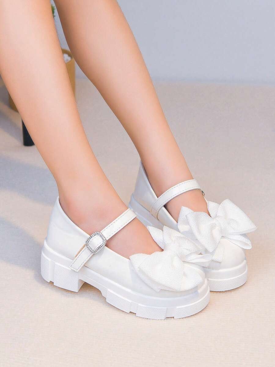 Autumn/Winter New Girls' White Mary Jane Shoes With Bow And Pearl Decor, Simple Sweet Versatile Children's Princess Shoes - White - View 1