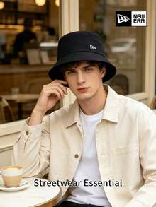New Era Bucket Hat, Small White Flag Logo Embroidered Black Bucket Hat, Unisex Outdoor Sun Protection Hat - Black - View 2
